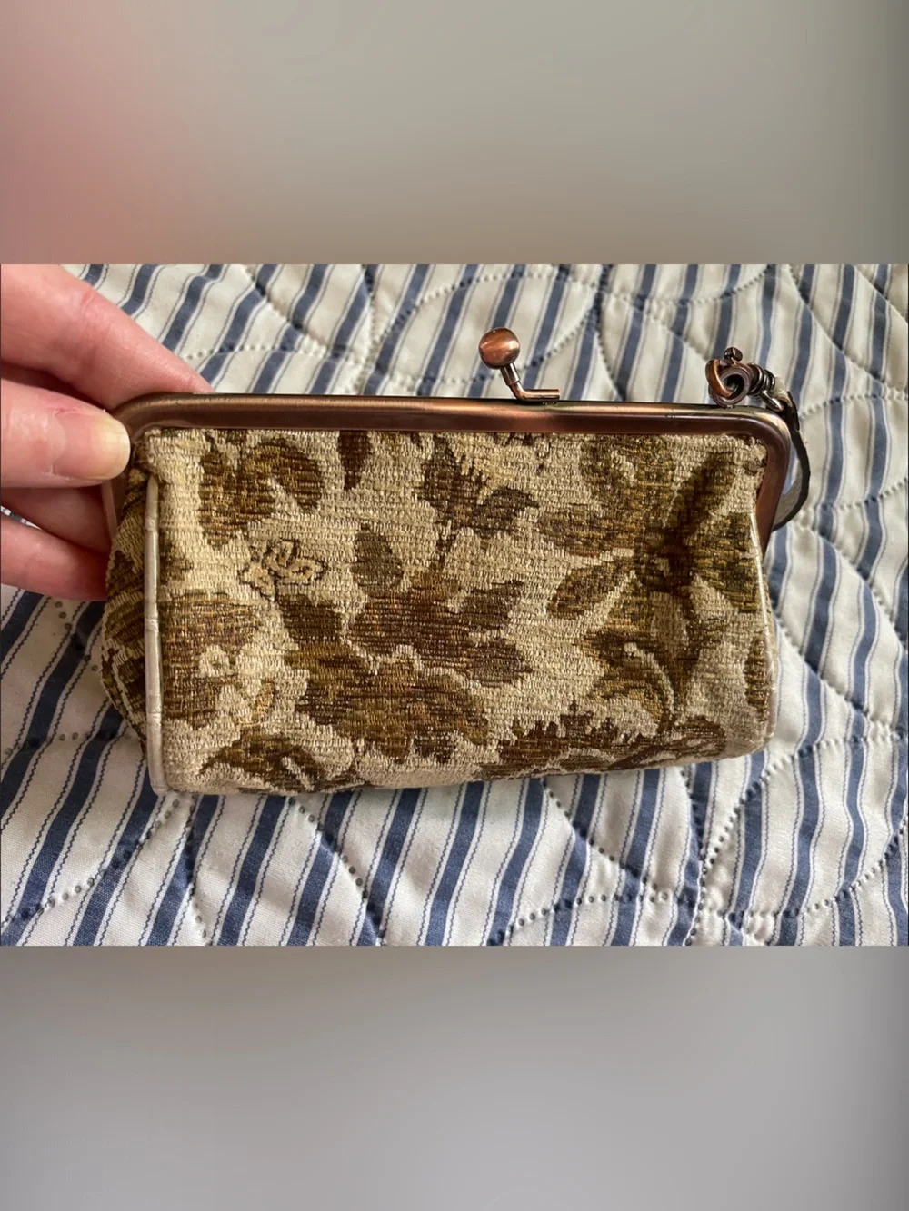 GUESS Gold and Brown Vintage 90s Brocade Top-Handle Frame Mini Bag